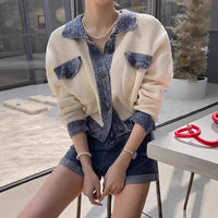 Niche Retro Lapels Double Pocket Color Contrast Patchwork Versatile Long Sleeve Knitted