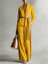 Women's Casual Patchwork Cardigan Shirt And Wide-Leg Pants Set