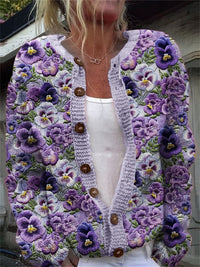 Striped Knitted Digital Print Floral Cardigan Halterneck Sweater Single-Breasted Long-Sleeve Loose-Fit