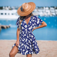 Resort-style Floral-print V-neck Short Sleeve Dress