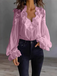 Lace-panelled Ruffled Puff-sleeve Pleated Shirt