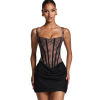 Lace-Panel Pleated Slip Dress With Floral Strap And Defined Waistline