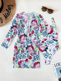 European And American Botanical Print Pleated Three-piece Swimsuit