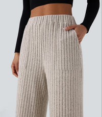 New Loose Rib-Knit High-Waist Pocket Wide-Leg Casual Pants