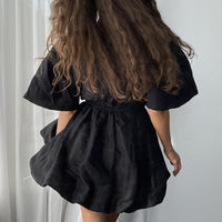 Stand-collar Sweet Lace-up Pleated Waist-cinched A-line Dress
