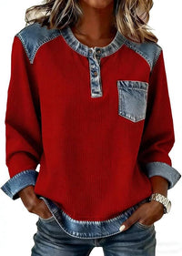 Patchwork Button Pocket Long Sleeved Round Neck Top