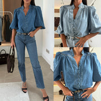 New Arrival Fashionabl Casual Retro Denim Shirt With Puffed Sleeves And V-Neck