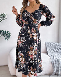 Women's Sexy Tie Knot Floral Print Long Sleeve Split Dress