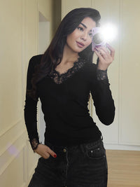 Womens New FallWinter Sexy V-Neck Lace Long-Sleeve Top