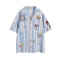Fashion Vertical Stripes Mermaid Embroidered Short Sleeve Shirt