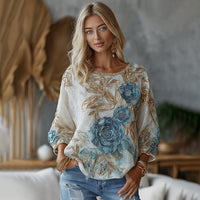 Womens 3D-printed Crew-neck Long-sleeve Retro Bohemian Top