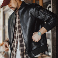 American-style Black MA1 Pilot Leather Jacket Ruan Handsome Short