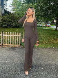 Women Yoga Jumpsuit Rib Sports Long-sleeved Top Bell-bottom Pants