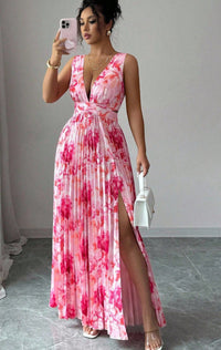 Womens Sexy Deep V-Neck Sleeveless Printed Dress With Slit Hem And Pleats