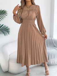 Elegant Ruffled Long-sleeve Cinched-waist Pleated Maxi Dress