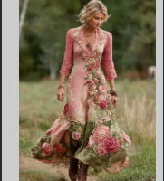 Womens V-Neck Creatively Printed Mid-Length Fairy-Like Dress