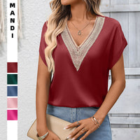 V-neck Lace Satin Short-sleeve Top Business Shirt