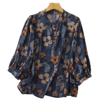 Womens Retro Chic Printed Three-Quarter Sleeve Chiffon Top