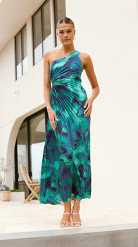 Sexy Oblique Shoulder Sleeveless One-shoulder Printed Pleated Dress