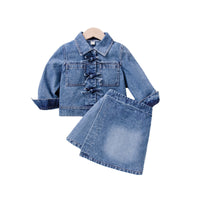 Bow Button Shirt Denim Skirt Set