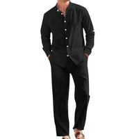 Men's Linen Casual Stand-Collar Shirt And Loose-Fit Trousers Set