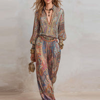 Women's Casual Chic Elegant Deep V-Neck Wide-Leg Pants Set