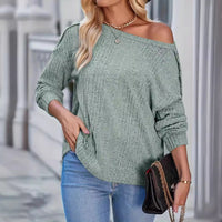 Solid Color Round Neck Fastener Decorative Long Sleeve Top