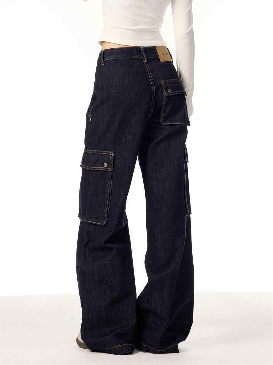 Multi-pocket Straight Cargo Jeans Women's Wide-leg Trousers