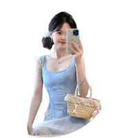 French Style Elegant Blue Lace Slip Dress For Women