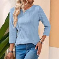 Women's Crew-Neck Ribbed Solid-Color Top With Three-Quarter Sleeves T-Shirt