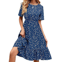 Womens Fashion Polka-Dot Crew-Neck Short-Sleeve Dress