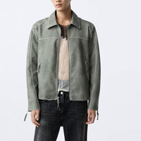 New Men's Zipper Distressed Retro Washed Imitation Leather Jacket Coat