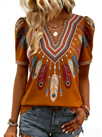 New Printed V-neck Puffed Short-sleeve Casual Fashion Top