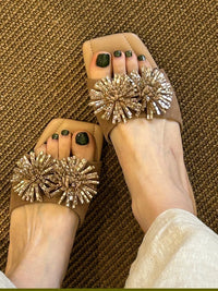 French Square Toe Fireworks Rhinestone Slide Sandals, Elegant Open Toe Luxury Outdoor Slippers