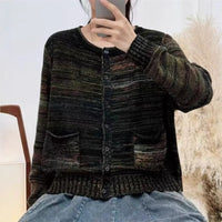 Loose Leisure All-matching Colorful Yarn-dyed Button Double Pocket Sweater Cardigan For Women