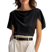 Scoop-neck Draping Short-sleeve Top Casual Shirt For Women