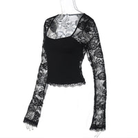 Womens Lace Hollow-Out Patchwork Long-Sleeve TopT-Shirt