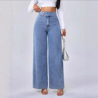 Versatile Straight-leg Loose-fit High-waisted Womens Solid-color Jeans With Double Buttons