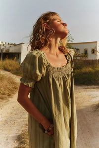 Solid-color Short-sleeve Loose-fit Pleated Square-neck Cotton Dress