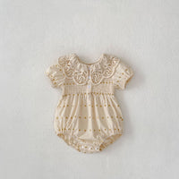 Big Lace Lapel Heart Printing Short Sleeved Kazakhstan Young Baby Girl Onesie Jumpsuit