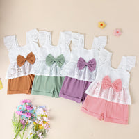Sweet Flying Sleeve White Bow Top Shorts Suit