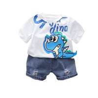 Dinosaur Round Neck Short Sleeve Cotton T-shirt Denim Shorts Suit