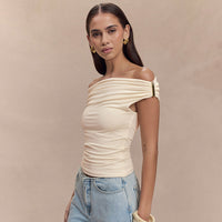 Women's Solid Color Pleated Off-shoulder Slim Off-shoulder Top