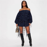 Solid Color Loose Off Shoulder Drawstring Long Sleeve Denim Skirt