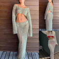 Womens Cropped Long-Sleeve Knitted Top And Skirt Set