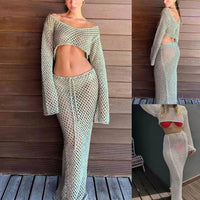 Womens Cropped Long-Sleeve Knitted Top And Skirt Set