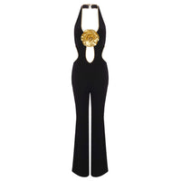 Halter Sexy Trousers Women's Jumpsuit Golden Flower Sleeveless Backless
