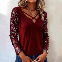 Womens Fashion Sequin V Neck Long Sleeve Top