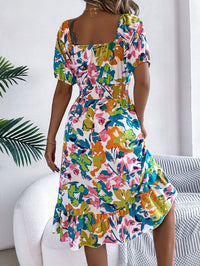 Women's Casual Floral Print Square Neck Short Sleeve Tie Waist Ruffle A-Line Dress