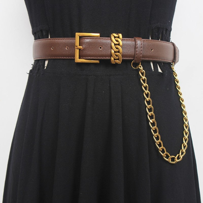 Versatile Ins Style Genuine Leather Gold Mouth Square Head Decorative Waistband